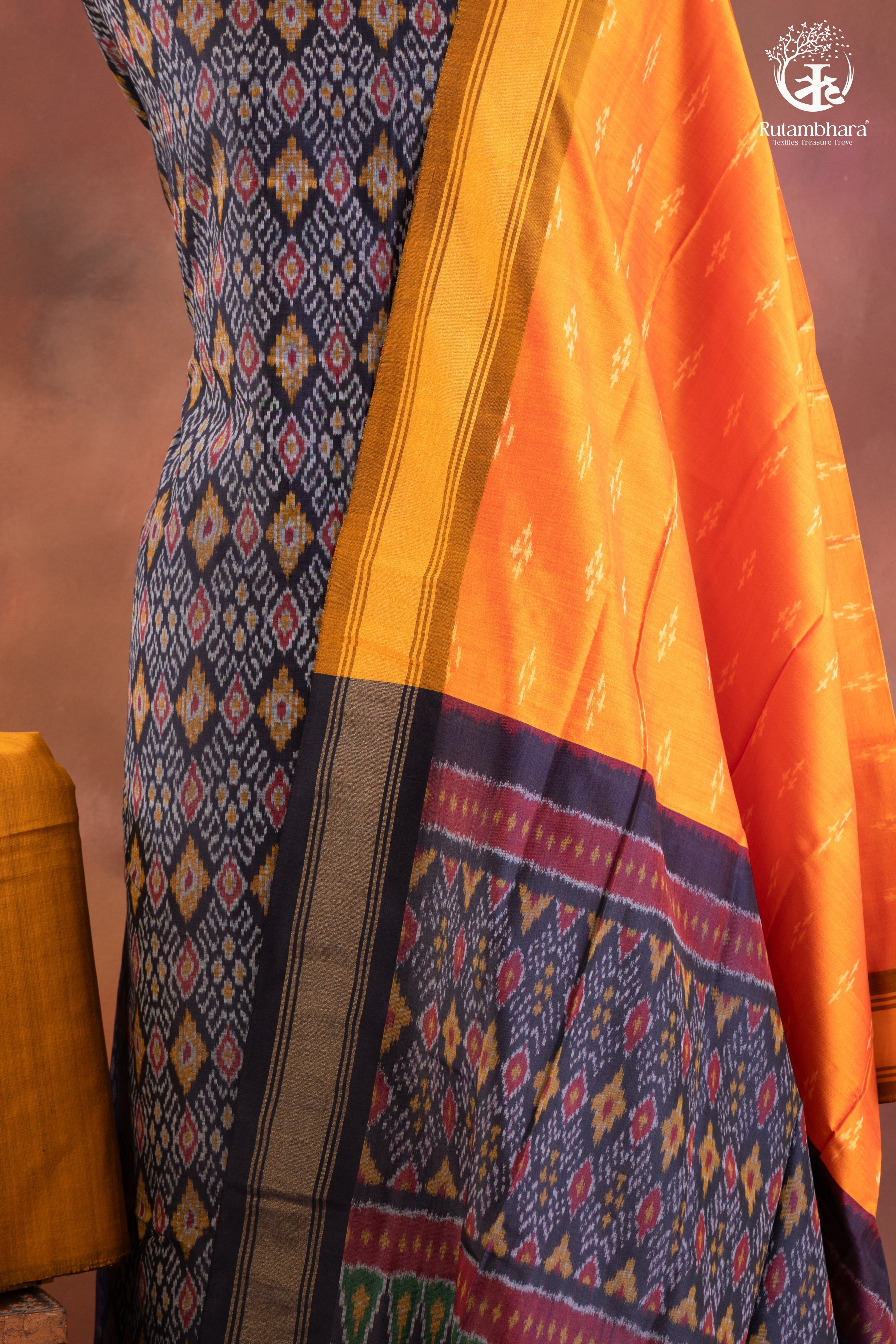 Navy Ikat Silk Cotton Suit Set with Mustard Orange Dupatta