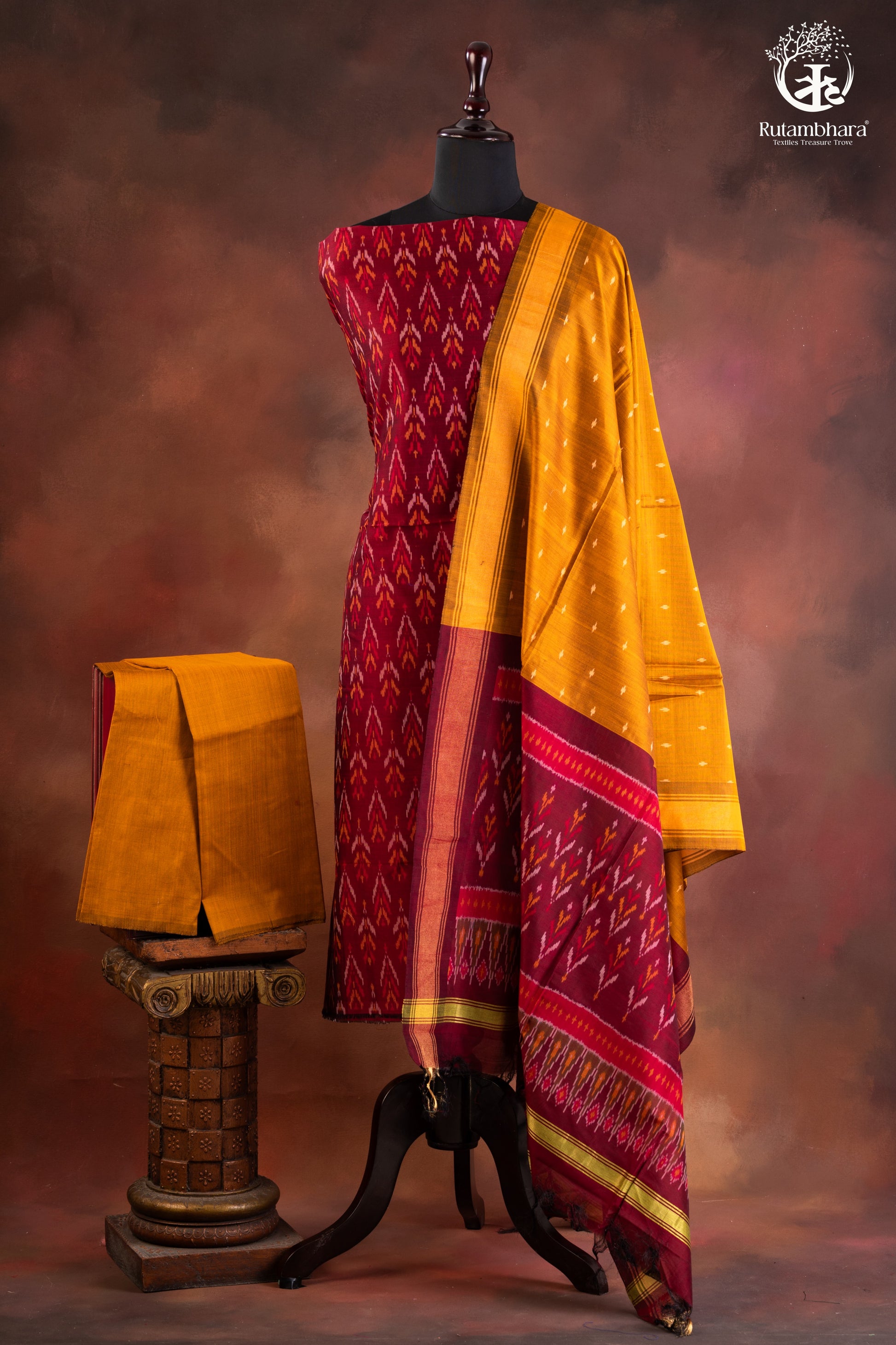 Maroon Ikat Silk Cotton Suit Set with Mustard Yellow Dupatta-RUTAMBHARA-RUTAMBHARA