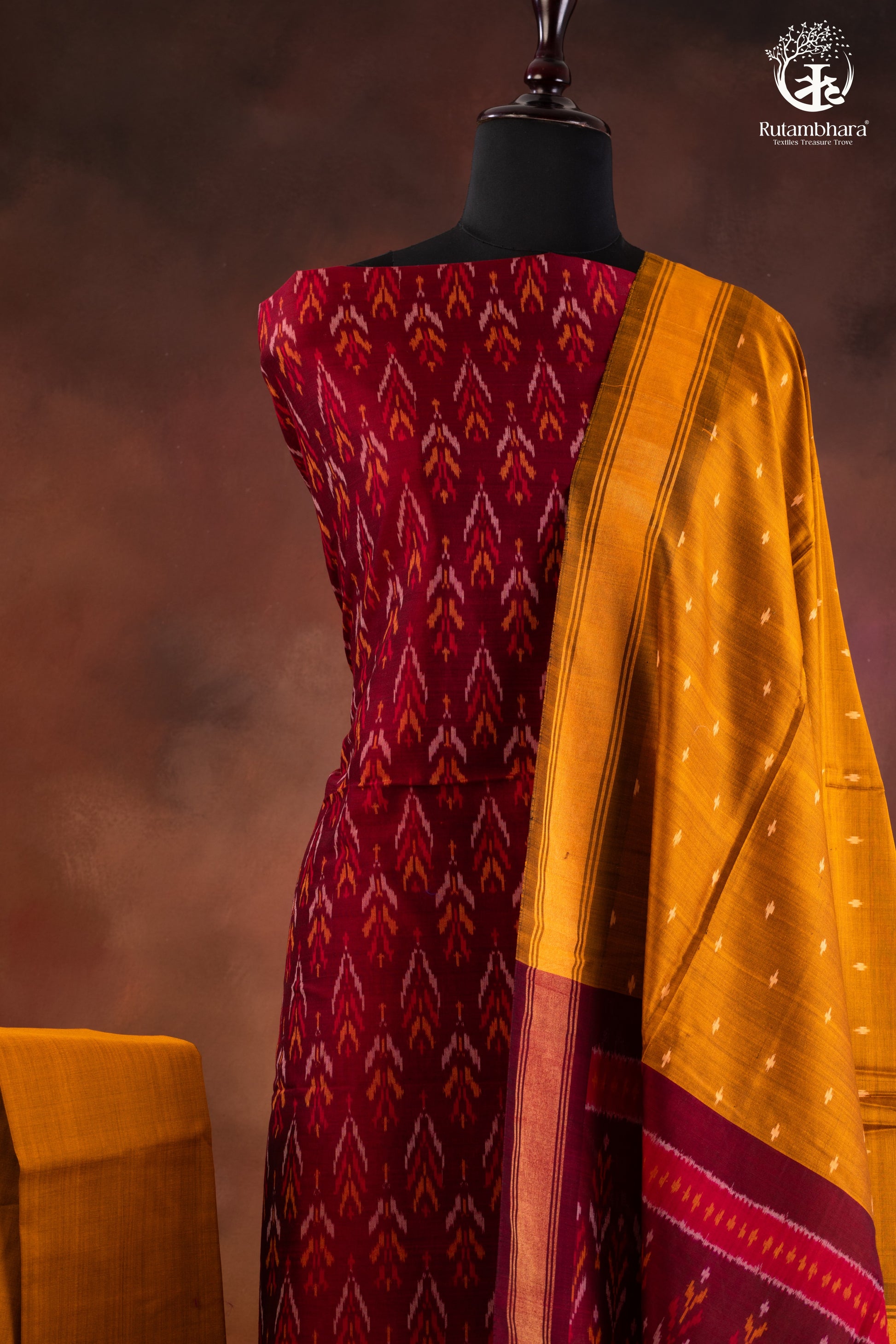 Maroon Ikat Silk Cotton Suit Set with Mustard Yellow Dupatta-RUTAMBHARA-RUTAMBHARA