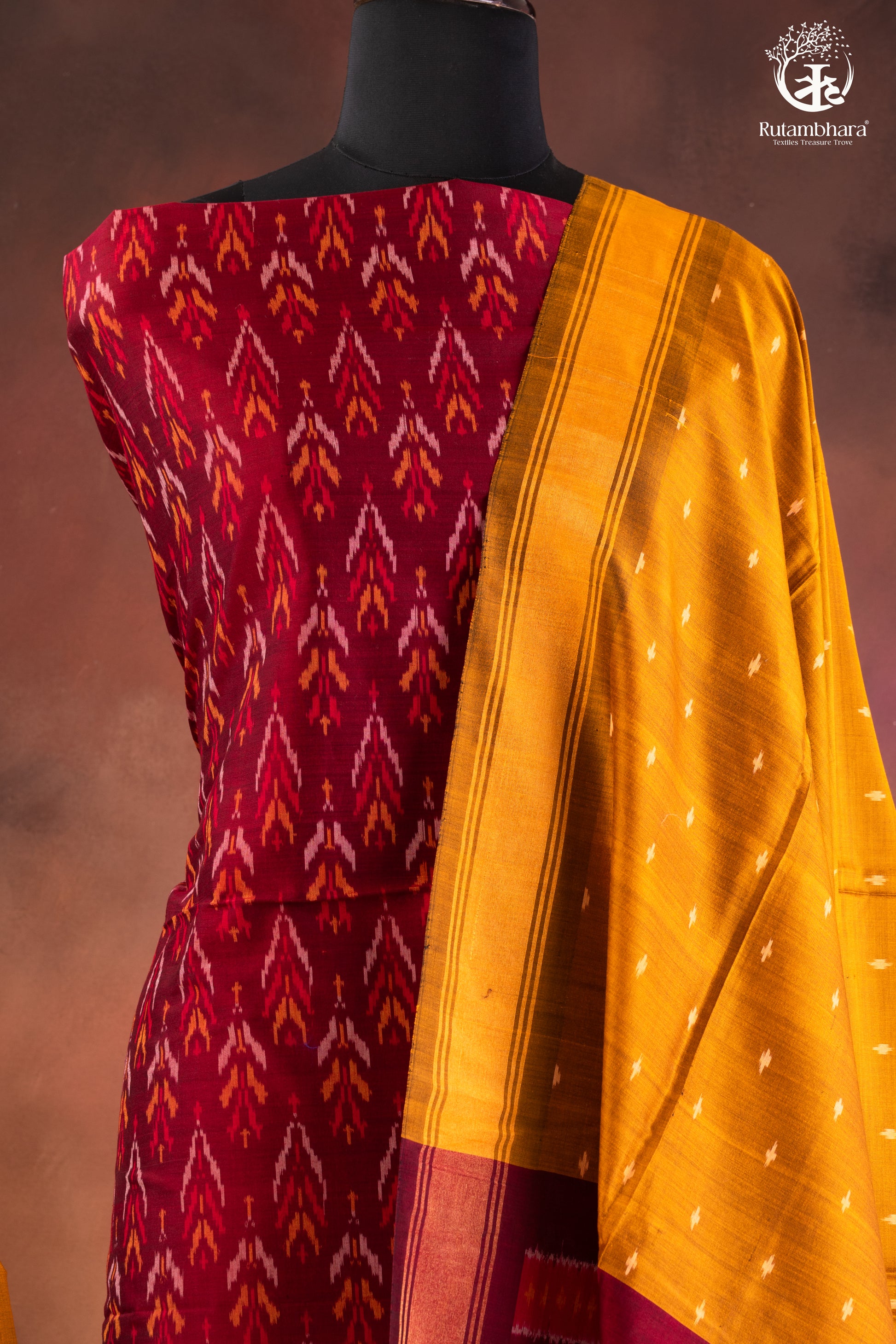 Maroon Ikat Silk Cotton Suit Set with Mustard Yellow Dupatta-RUTAMBHARA-RUTAMBHARA
