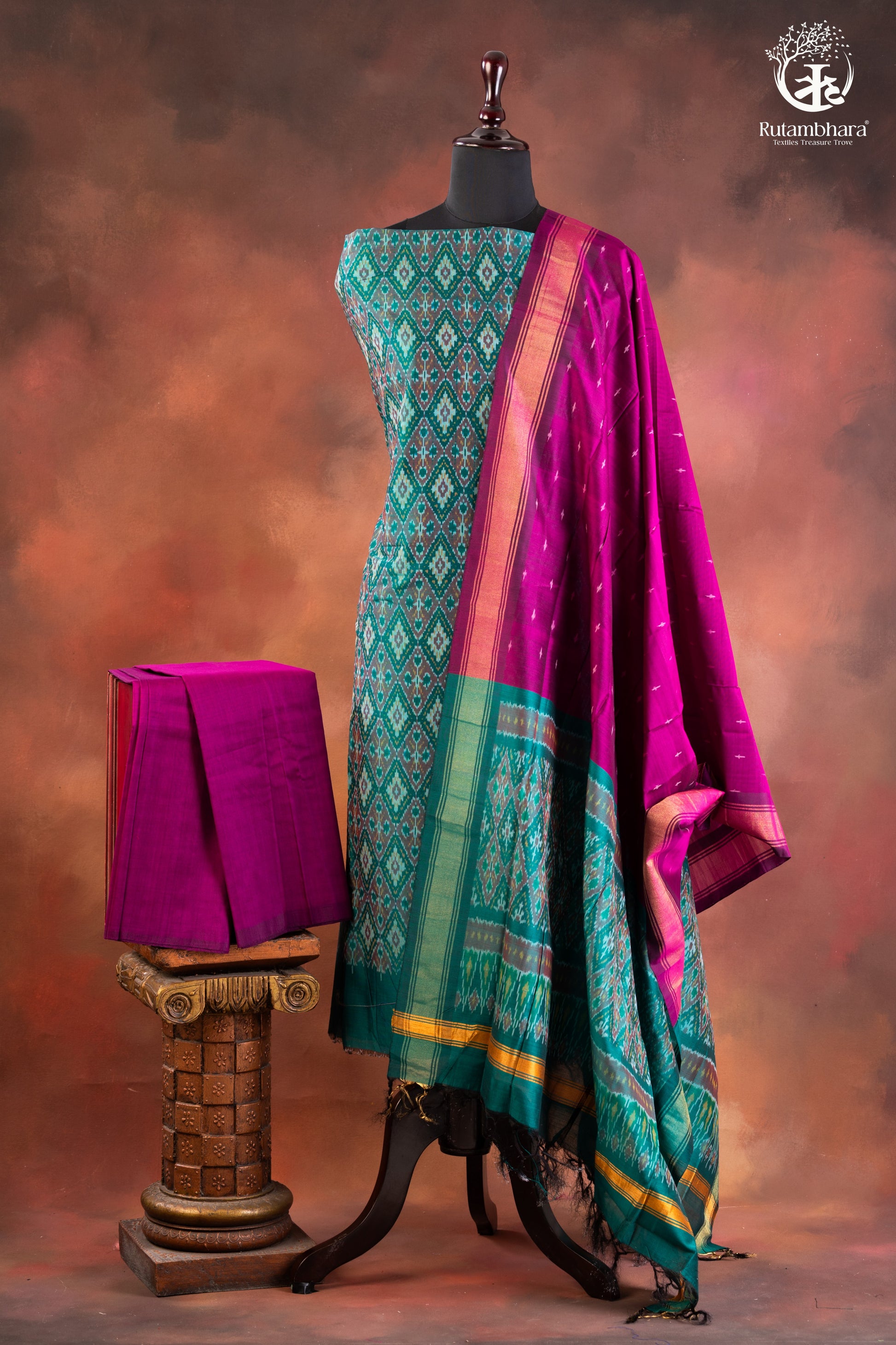 Teal Ikat Silk Cotton Suit Set with Magenta Dupatta-RUTAMBHARA-RUTAMBHARA