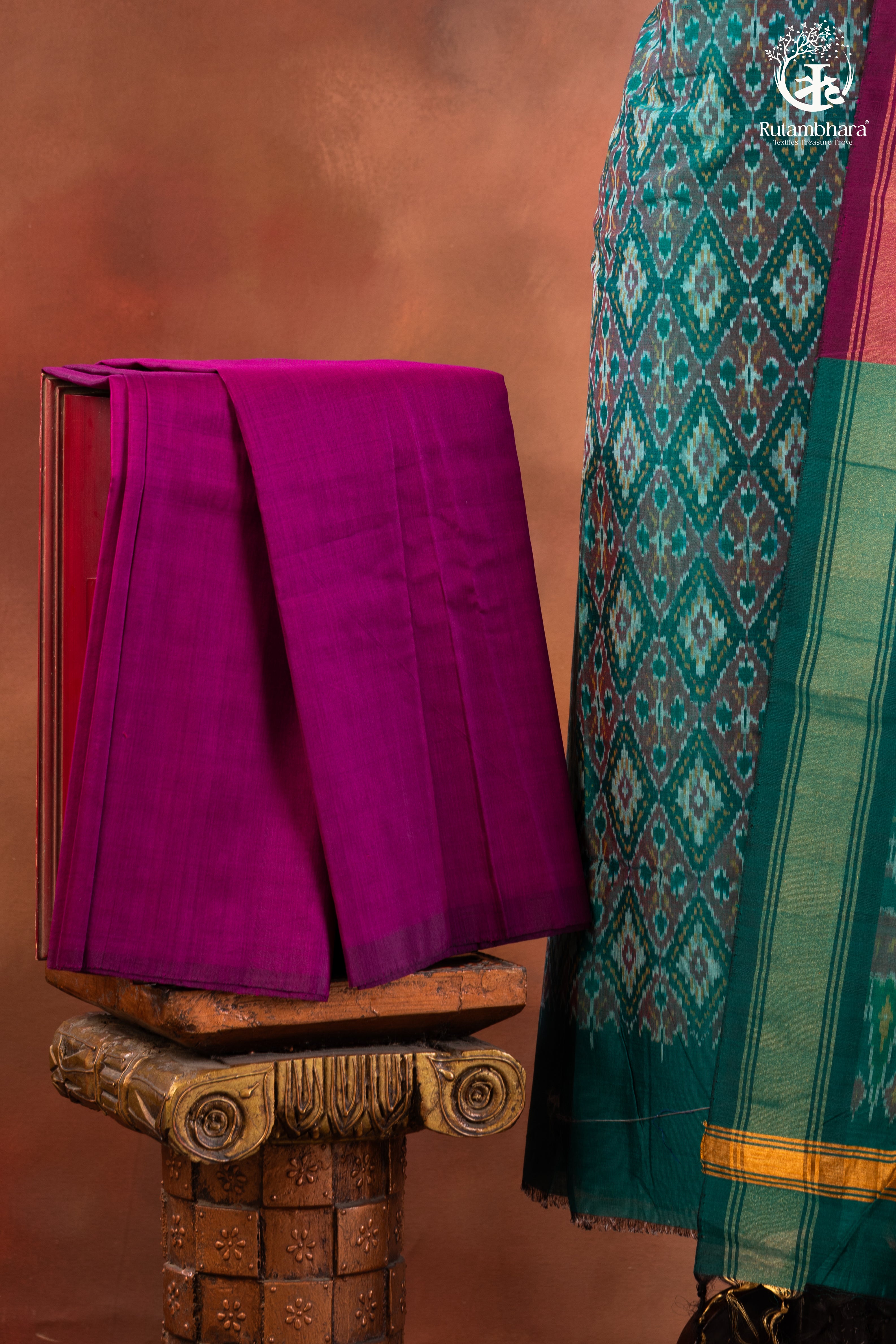 Teal Ikat Silk Cotton Suit Set with Magenta Dupatta