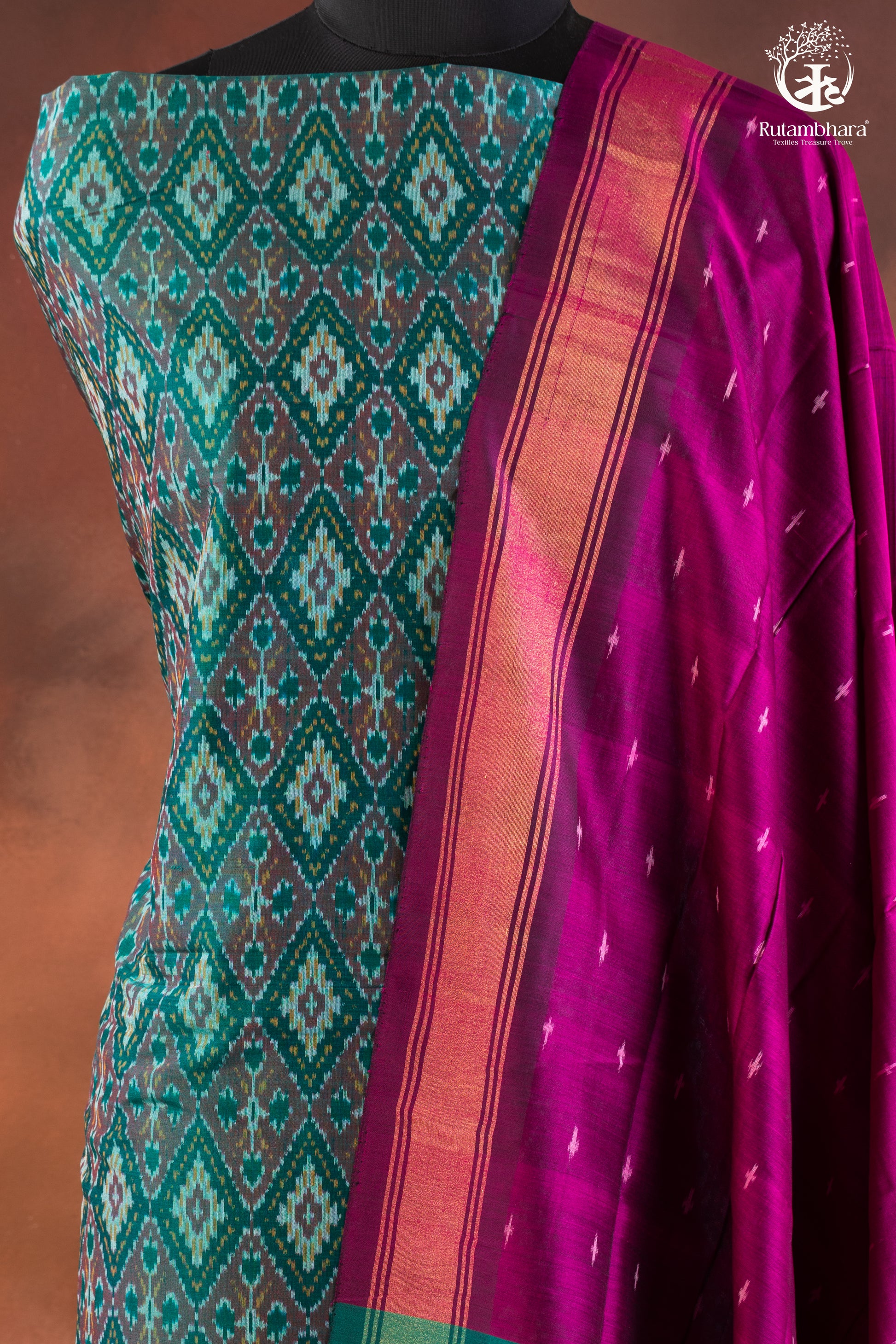 Teal Ikat Silk Cotton Suit Set with Magenta Dupatta-RUTAMBHARA-RUTAMBHARA