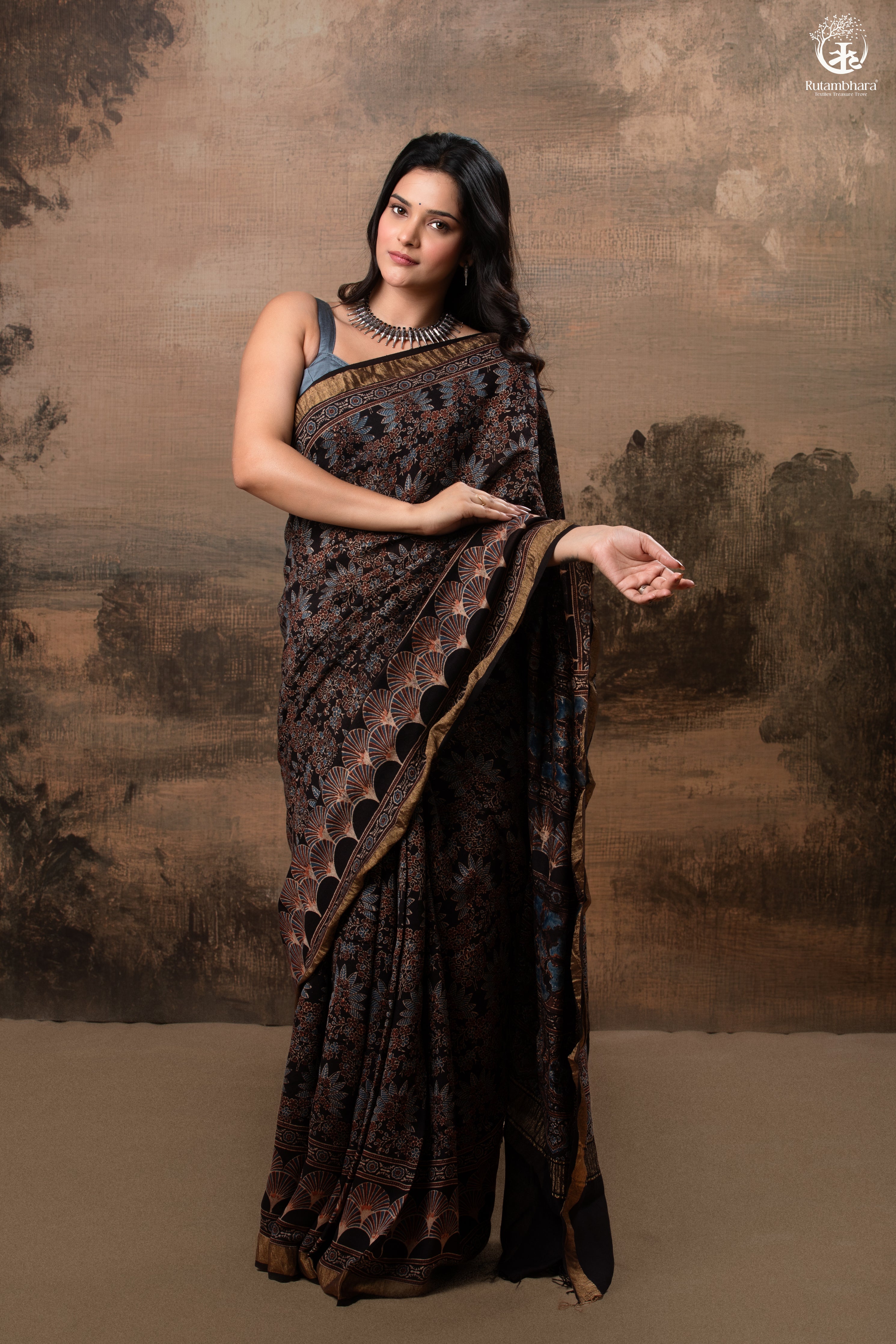 Ushraa - Black Ajrakh Cotton Silk Saree