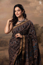 Ushraa - Black Ajrakh Cotton Silk Saree-RUTAMBHARA-RUTAMBHARA