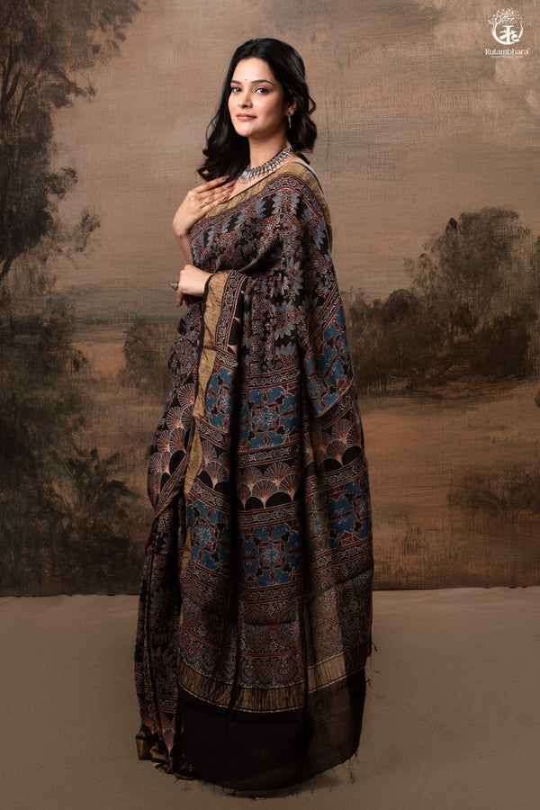 Ushraa - Black Ajrakh Cotton Silk Saree-RUTAMBHARA-RUTAMBHARA