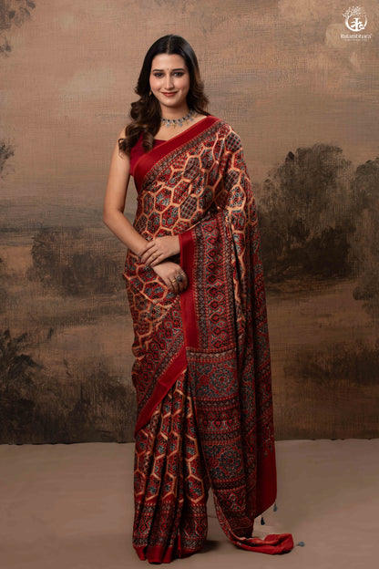 Ushraa - Ajrakh Hand Block Printed Red Modal Silk Saree-RUTAMBHARA-RUTAMBHARA