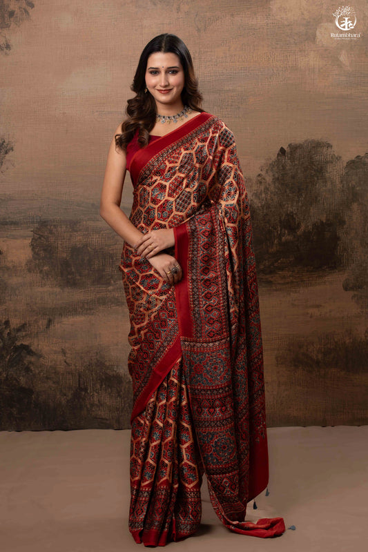 Ushraa - Ajrakh Hand Block Printed Red Modal Silk Saree