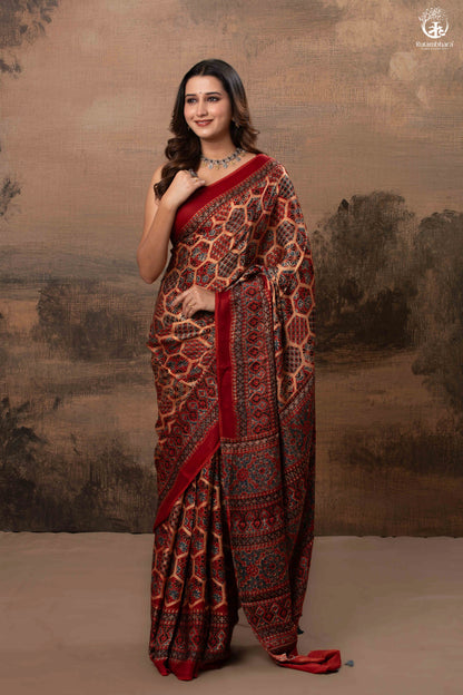 Ushraa - Ajrakh Hand Block Printed Red Modal Silk Saree-RUTAMBHARA-RUTAMBHARA