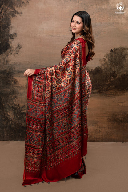 Ushraa - Ajrakh Hand Block Printed Red Modal Silk Saree-RUTAMBHARA-RUTAMBHARA