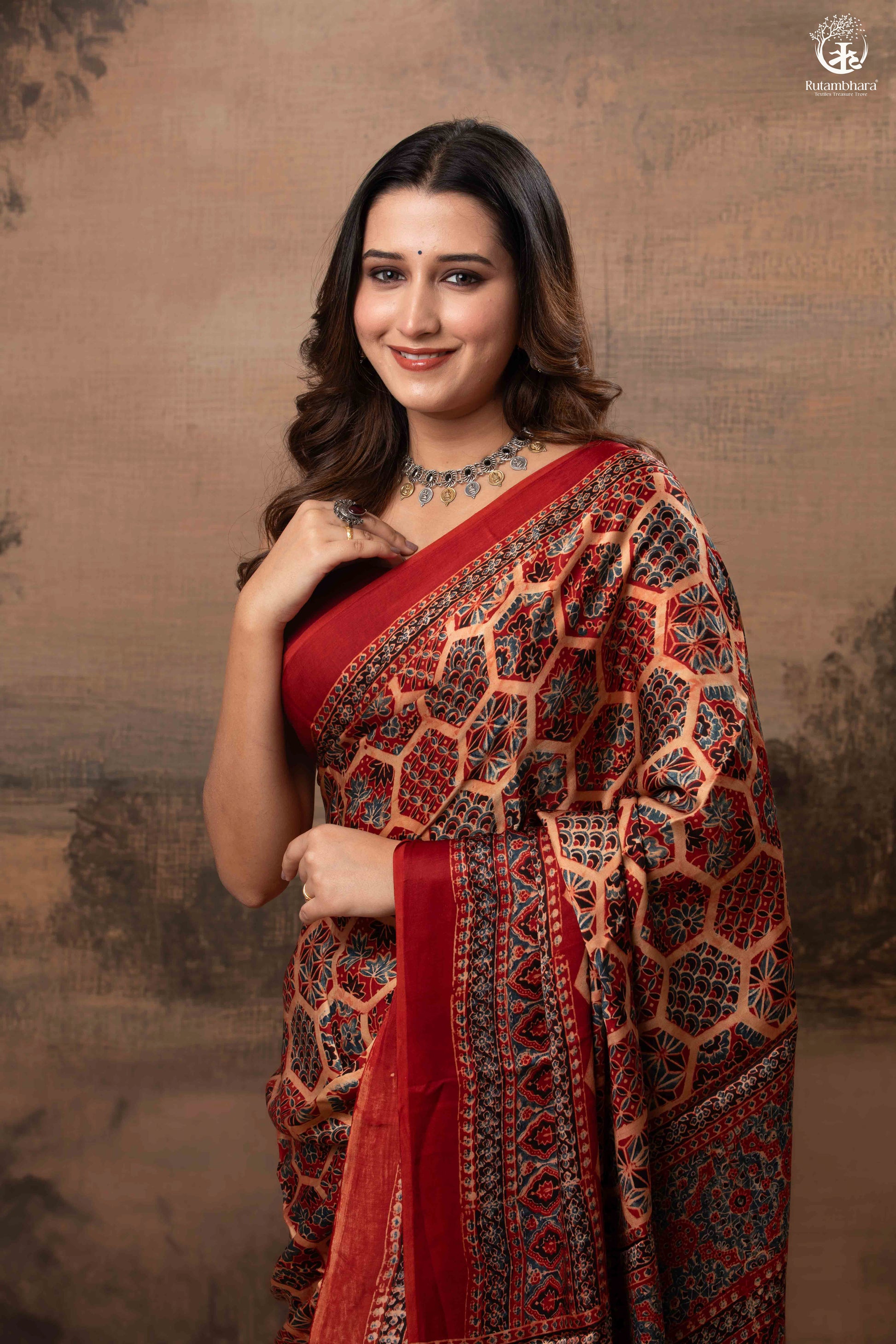 Ushraa - Ajrakh Hand Block Printed Red Modal Silk Saree-RUTAMBHARA-RUTAMBHARA