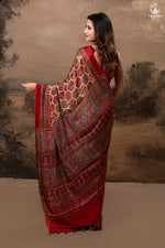 Ushraa - Ajrakh Hand Block Printed Red Modal Silk Saree-RUTAMBHARA-RUTAMBHARA
