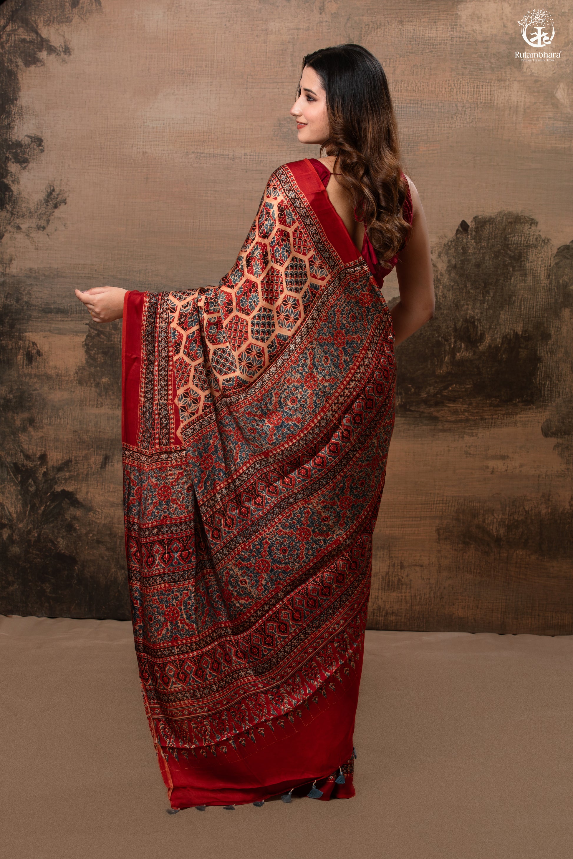 Ushraa - Ajrakh Hand Block Printed Red Modal Silk Saree-RUTAMBHARA-RUTAMBHARA