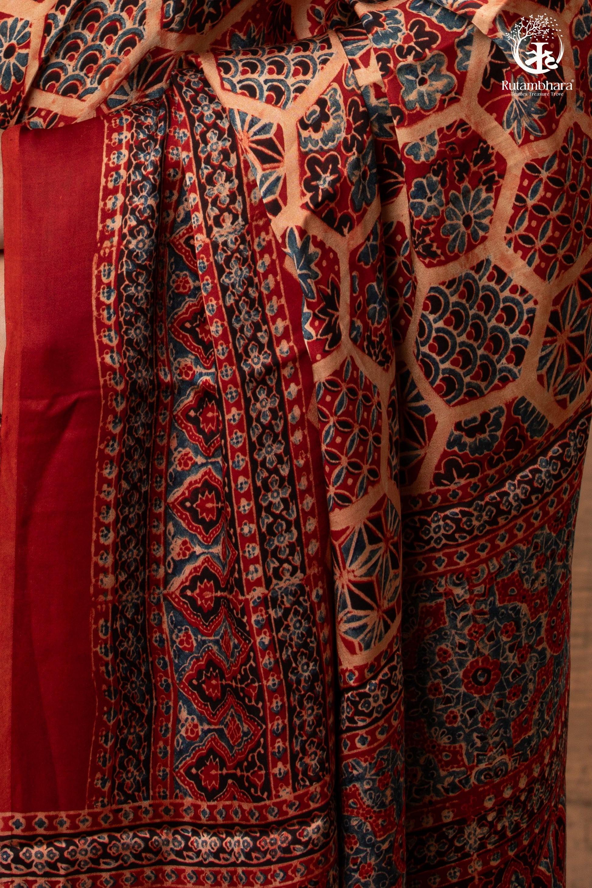 Ushraa - Ajrakh Hand Block Printed Red Modal Silk Saree-RUTAMBHARA-RUTAMBHARA