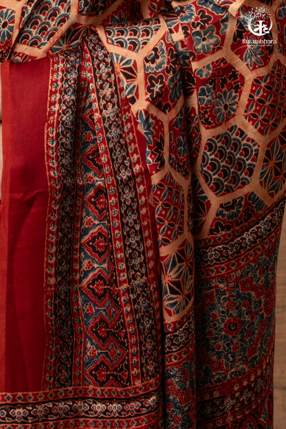 Ushraa - Ajrakh Hand Block Printed Red Modal Silk Saree-RUTAMBHARA-RUTAMBHARA