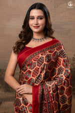 Ushraa - Ajrakh Hand Block Printed Red Modal Silk Saree-RUTAMBHARA-RUTAMBHARA