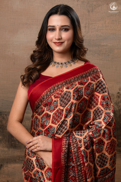 Ushraa - Ajrakh Hand Block Printed Red Modal Silk Saree-RUTAMBHARA-RUTAMBHARA
