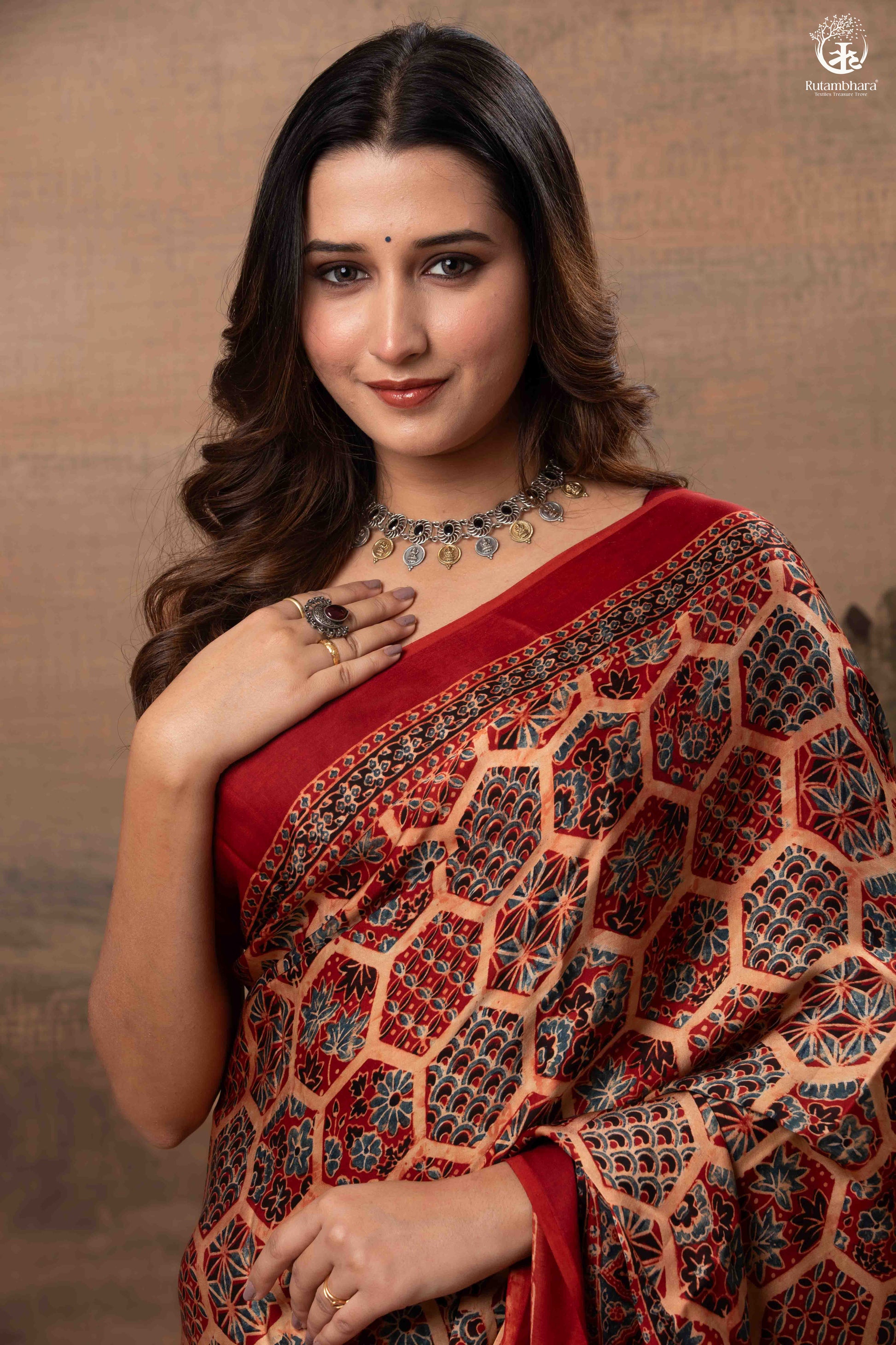 Ushraa - Ajrakh Hand Block Printed Red Modal Silk Saree-RUTAMBHARA-RUTAMBHARA