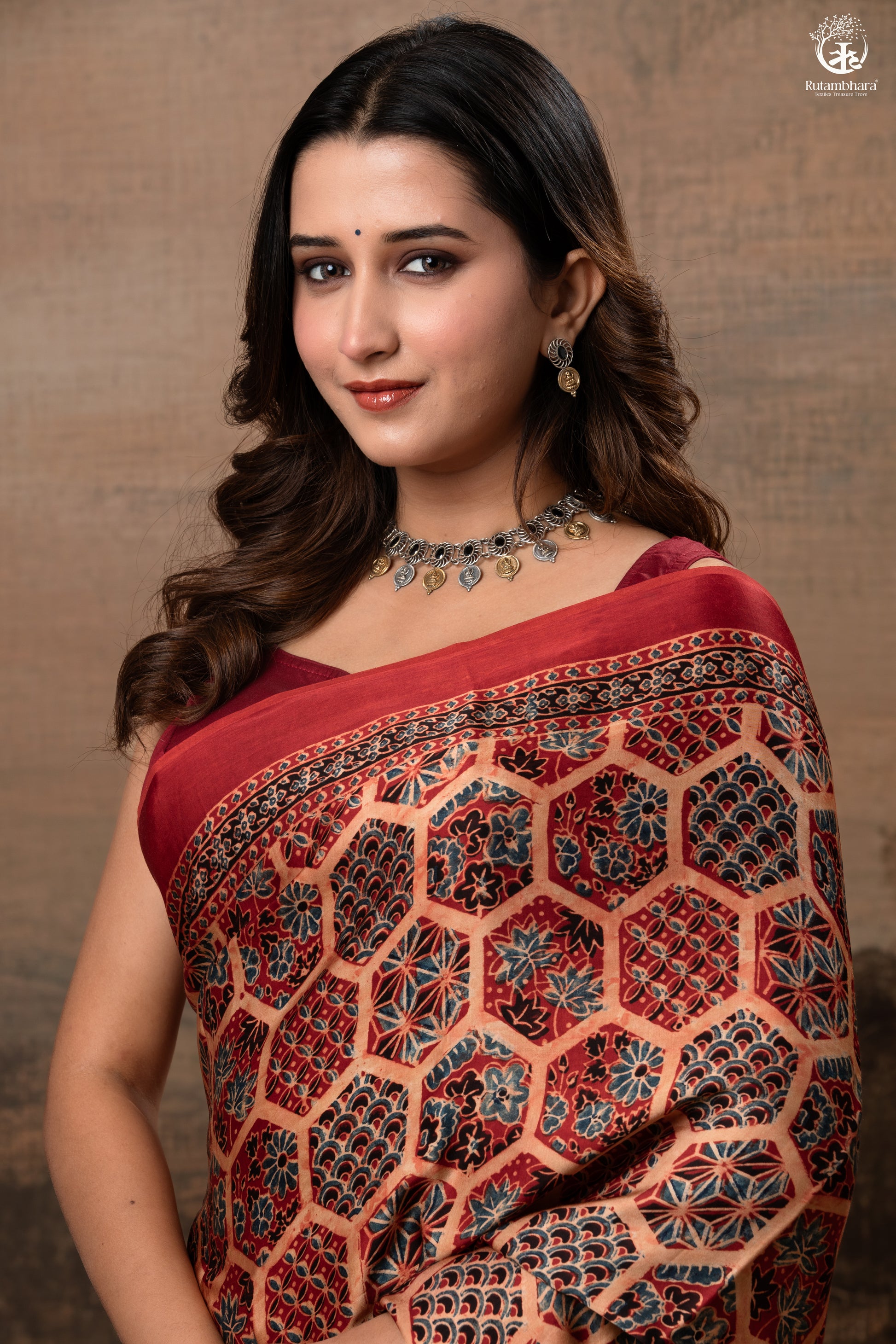 Ushraa - Ajrakh Hand Block Printed Red Modal Silk Saree-RUTAMBHARA-RUTAMBHARA