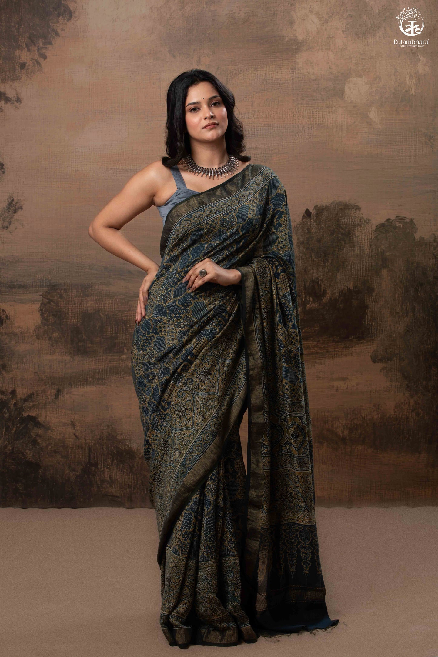 Ushraa - Ajrakh Hand Block Printed Indigo Cotton Silk Saree With Gold Zari Border