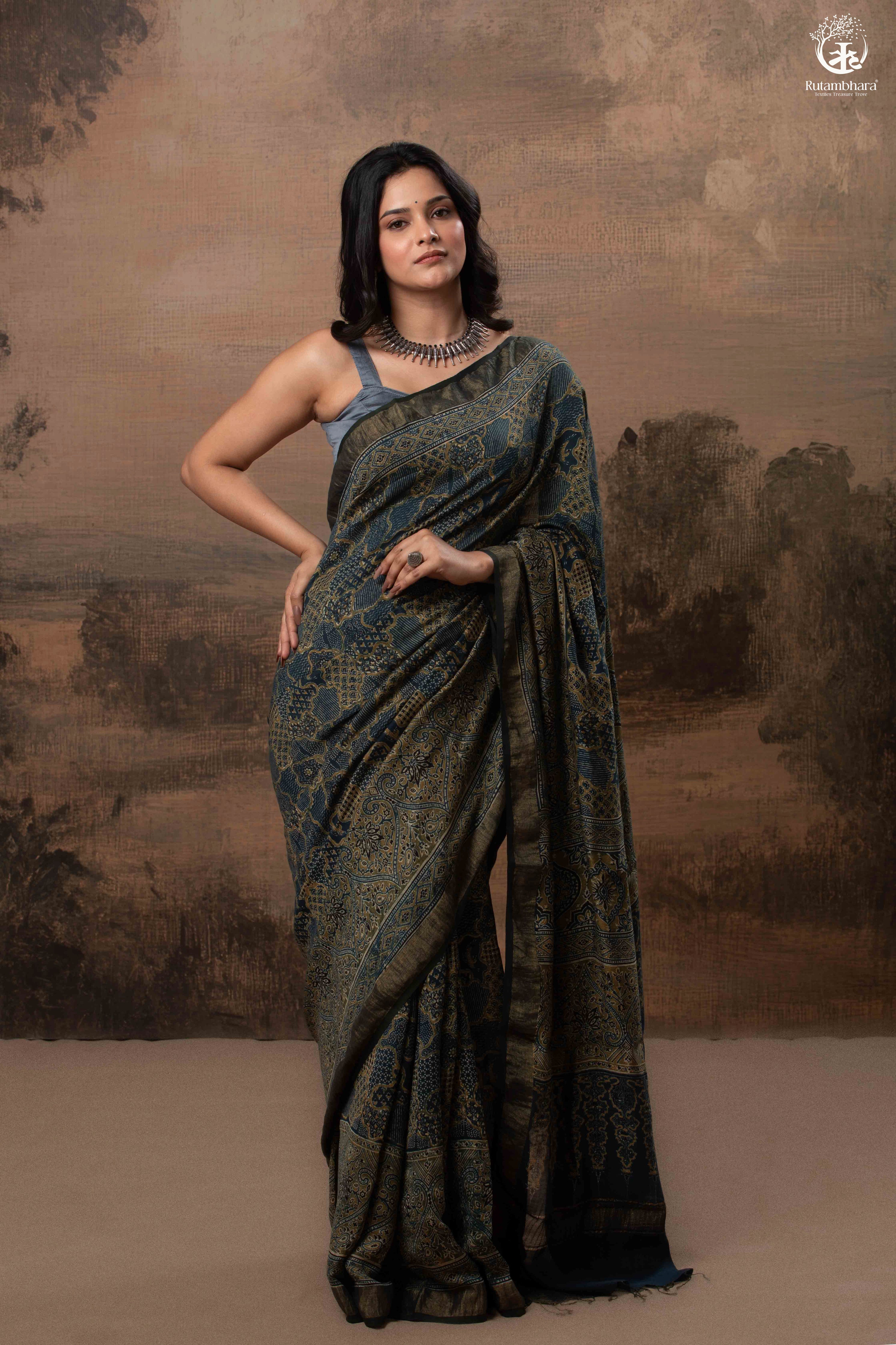 Ushraa - Ajrakh Hand Block Printed Indigo Cotton Silk Saree With Gold Zari Border
