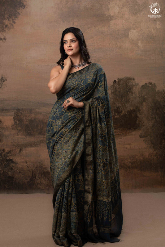 Ushraa - Ajrakh Hand Block Printed Indigo Cotton Silk Saree With Gold Zari Border