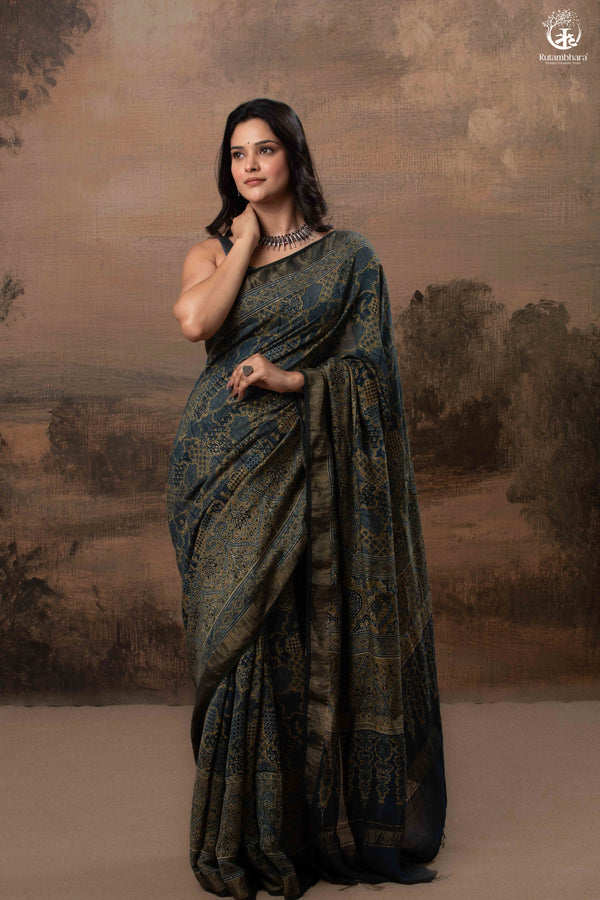 Ushraa - Ajrakh Hand Block Printed Indigo Cotton Silk Saree With Gold Zari Border-RUTAMBHARA-RUTAMBHARA