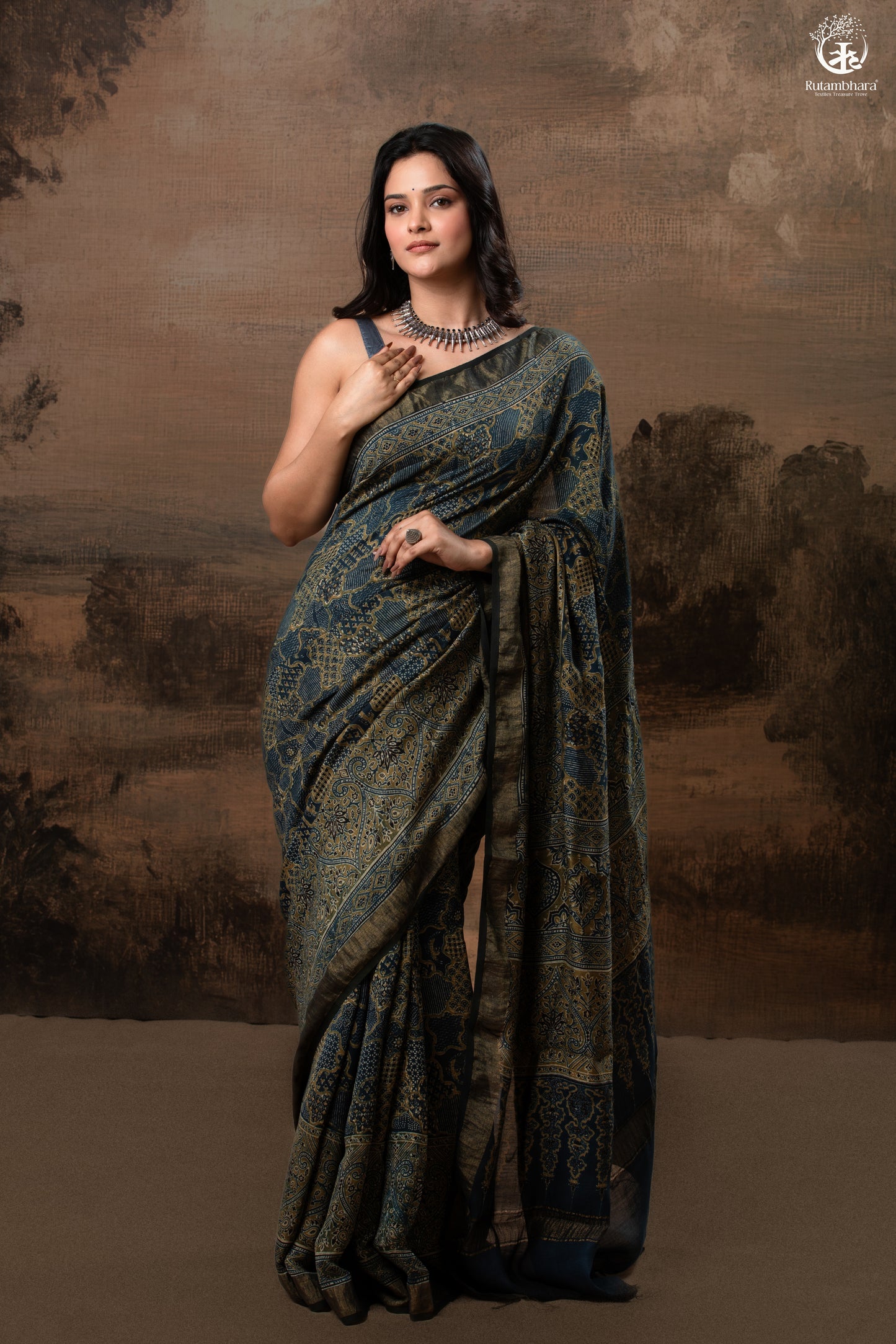 Ushraa - Ajrakh Hand Block Printed Indigo Cotton Silk Saree With Gold Zari Border