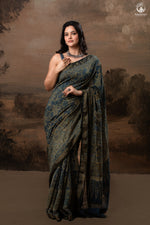 Ushraa - Ajrakh Hand Block Printed Indigo Cotton Silk Saree With Gold Zari Border-RUTAMBHARA-RUTAMBHARA