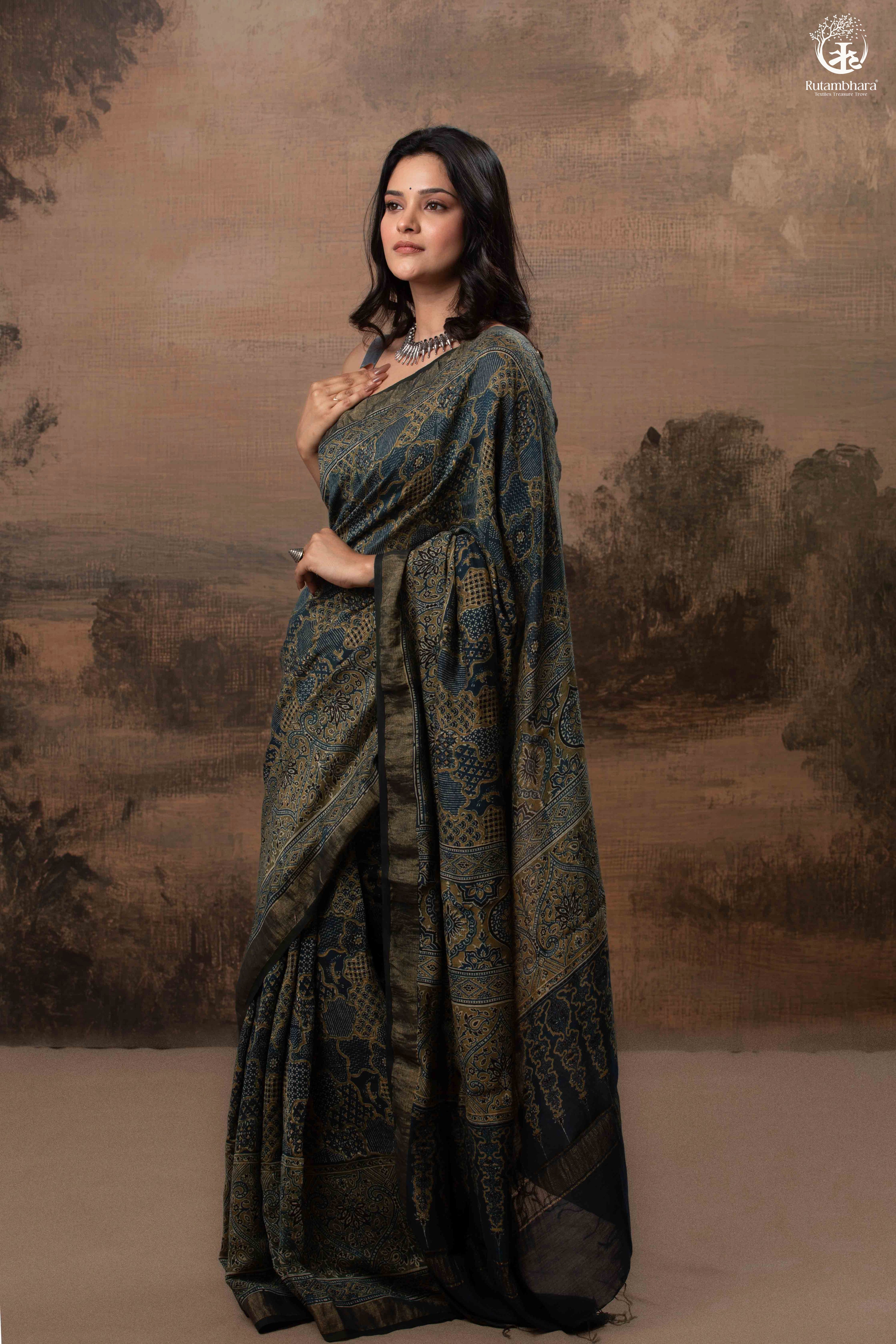 Ushraa - Ajrakh Hand Block Printed Indigo Cotton Silk Saree With Gold Zari Border