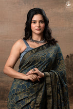 Ushraa - Ajrakh Hand Block Printed Indigo Cotton Silk Saree With Gold Zari Border-RUTAMBHARA-RUTAMBHARA
