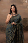 Ushraa - Ajrakh Hand Block Printed Indigo Cotton Silk Saree With Gold Zari Border