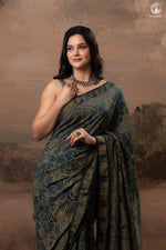 Ushraa - Ajrakh Hand Block Printed Indigo Cotton Silk Saree With Gold Zari Border-RUTAMBHARA-RUTAMBHARA