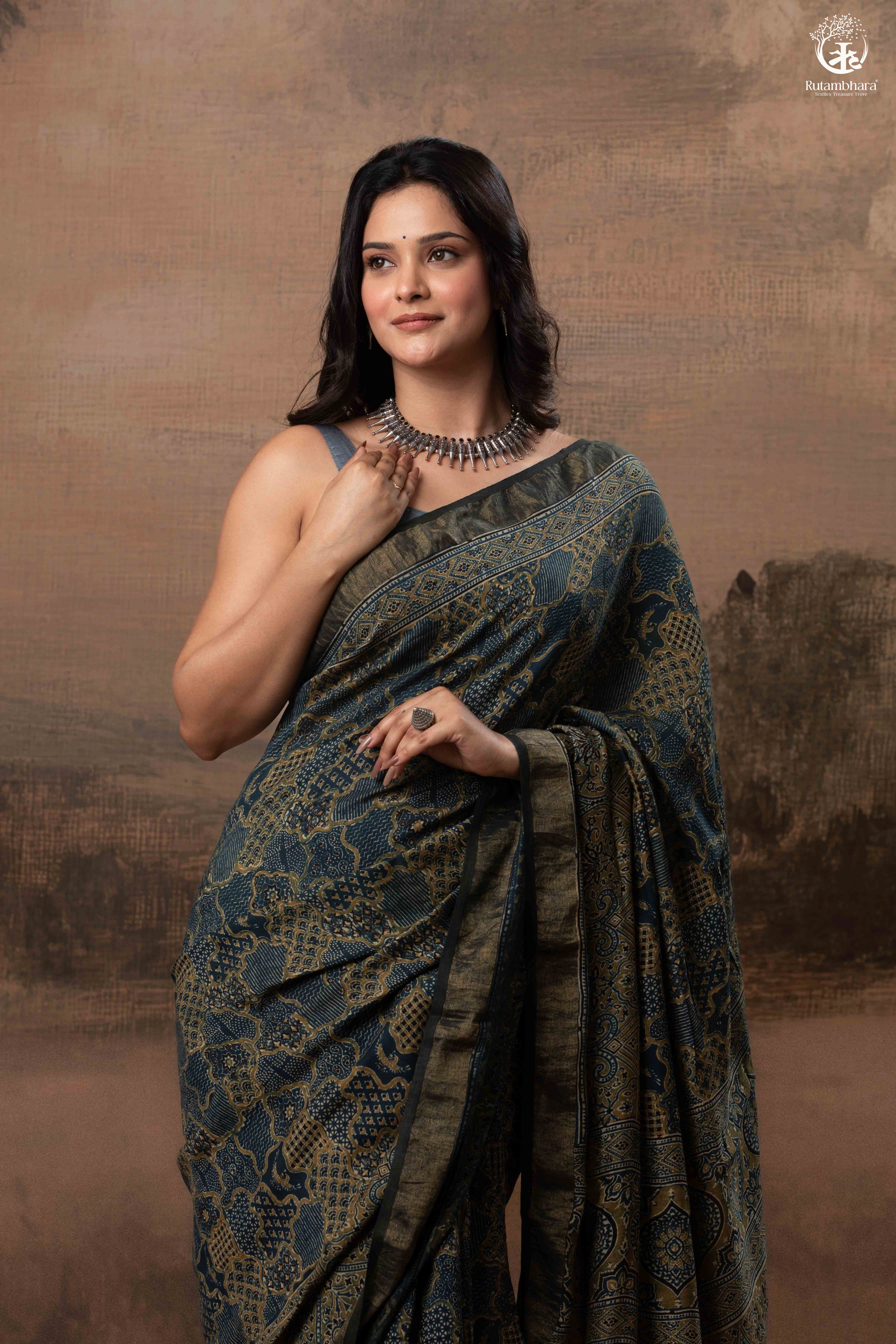 Ushraa - Ajrakh Hand Block Printed Indigo Cotton Silk Saree With Gold Zari Border