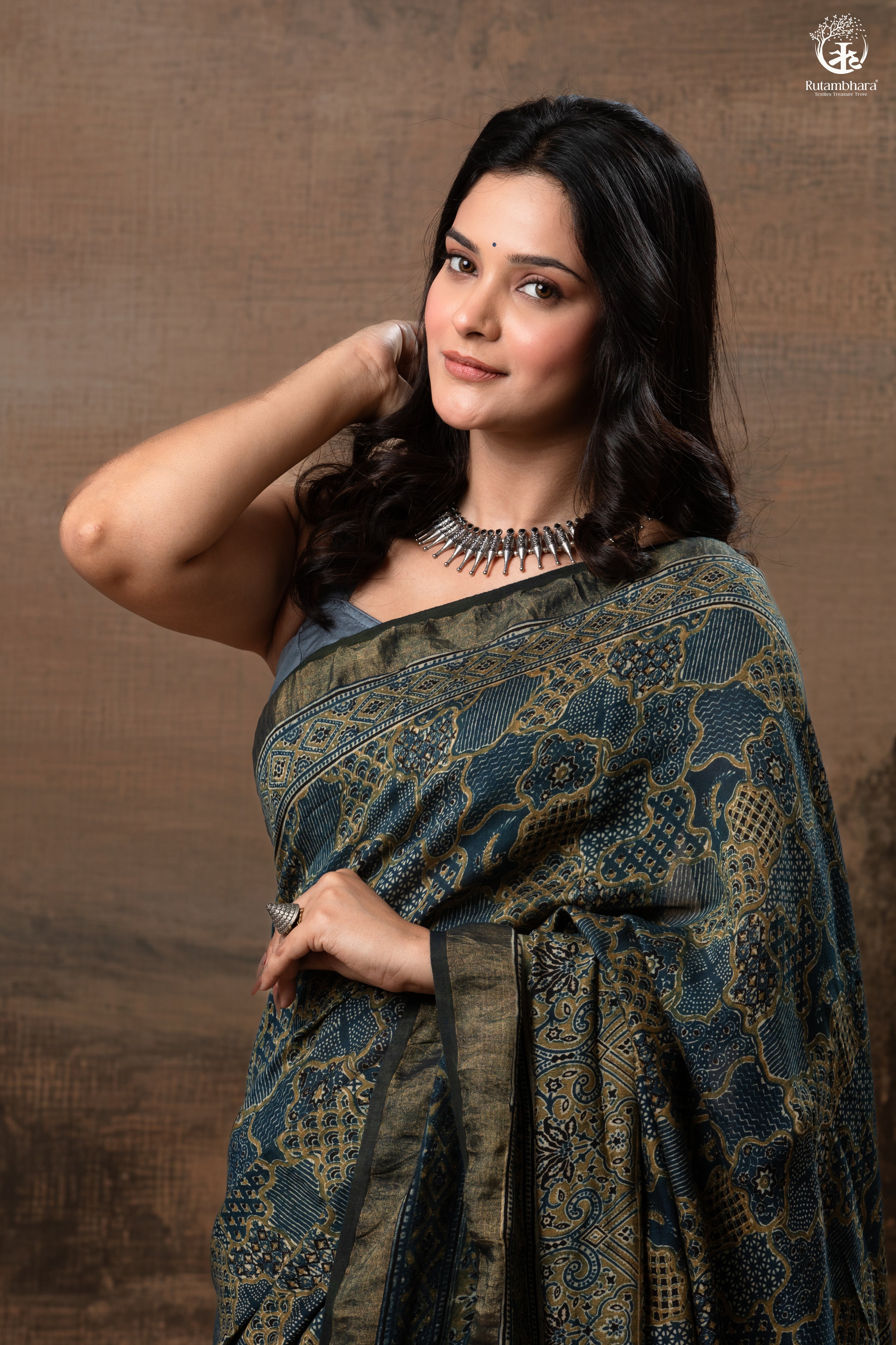 Ushraa - Ajrakh Hand Block Printed Indigo Cotton Silk Saree With Gold Zari Border