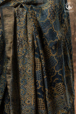 Ushraa - Ajrakh Hand Block Printed Indigo Cotton Silk Saree With Gold Zari Border-RUTAMBHARA-RUTAMBHARA