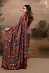 Ushraa - Deep Red Ajrakh Modal Silk Saree With Hand-Embroidered Pallu