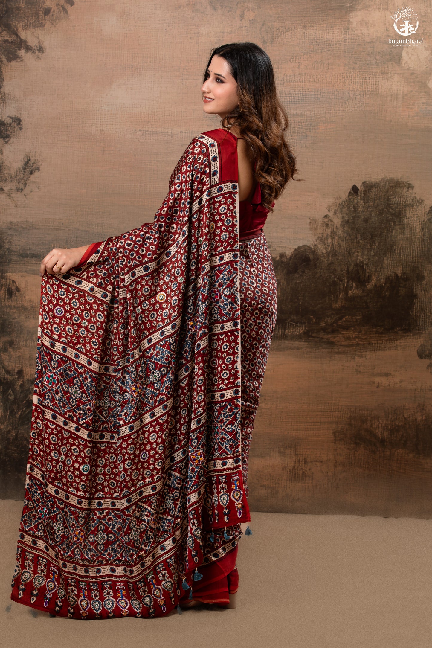 Ushraa - Deep Red Ajrakh Modal Silk Saree With Hand-Embroidered Pallu