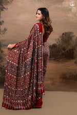 Ushraa - Deep Red Ajrakh Modal Silk Saree With Hand-Embroidered Pallu-RUTAMBHARA-RUTAMBHARA