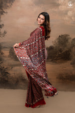 Ushraa - Deep Red Ajrakh Modal Silk Saree With Hand-Embroidered Pallu-RUTAMBHARA-RUTAMBHARA