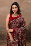 Ushraa - Deep Red Ajrakh Modal Silk Saree With Hand-Embroidered Pallu