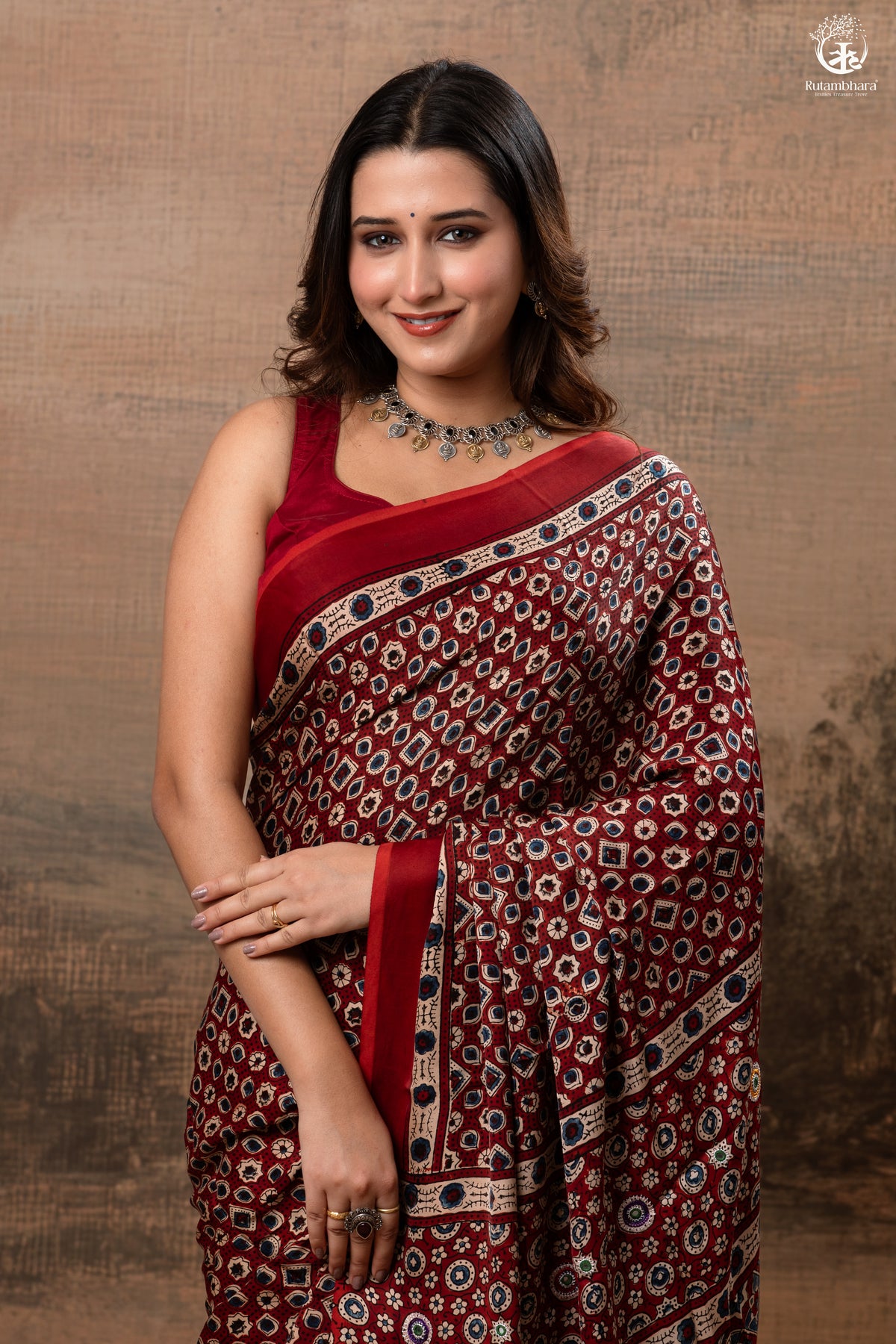 Ushraa - Deep Red Ajrakh Modal Silk Saree With Hand-Embroidered Pallu