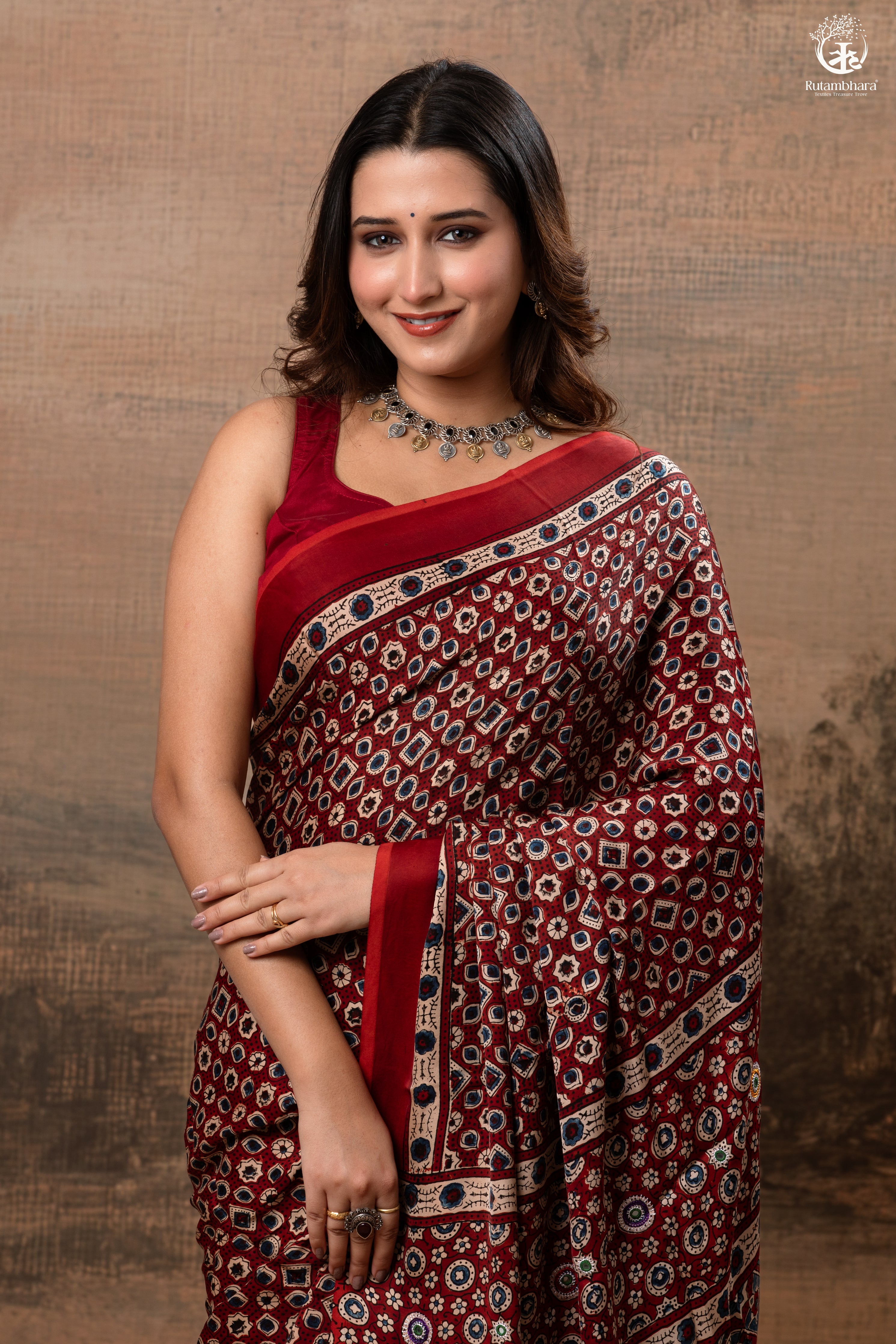 Ushraa - Deep Red Ajrakh Modal Silk Saree With Hand-Embroidered Pallu