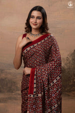 Ushraa - Deep Red Ajrakh Modal Silk Saree With Hand-Embroidered Pallu-RUTAMBHARA-RUTAMBHARA