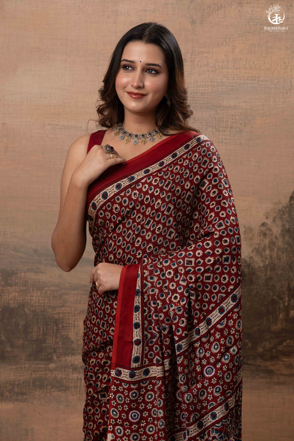 Ushraa - Deep Red Ajrakh Modal Silk Saree With Hand-Embroidered Pallu-RUTAMBHARA-RUTAMBHARA
