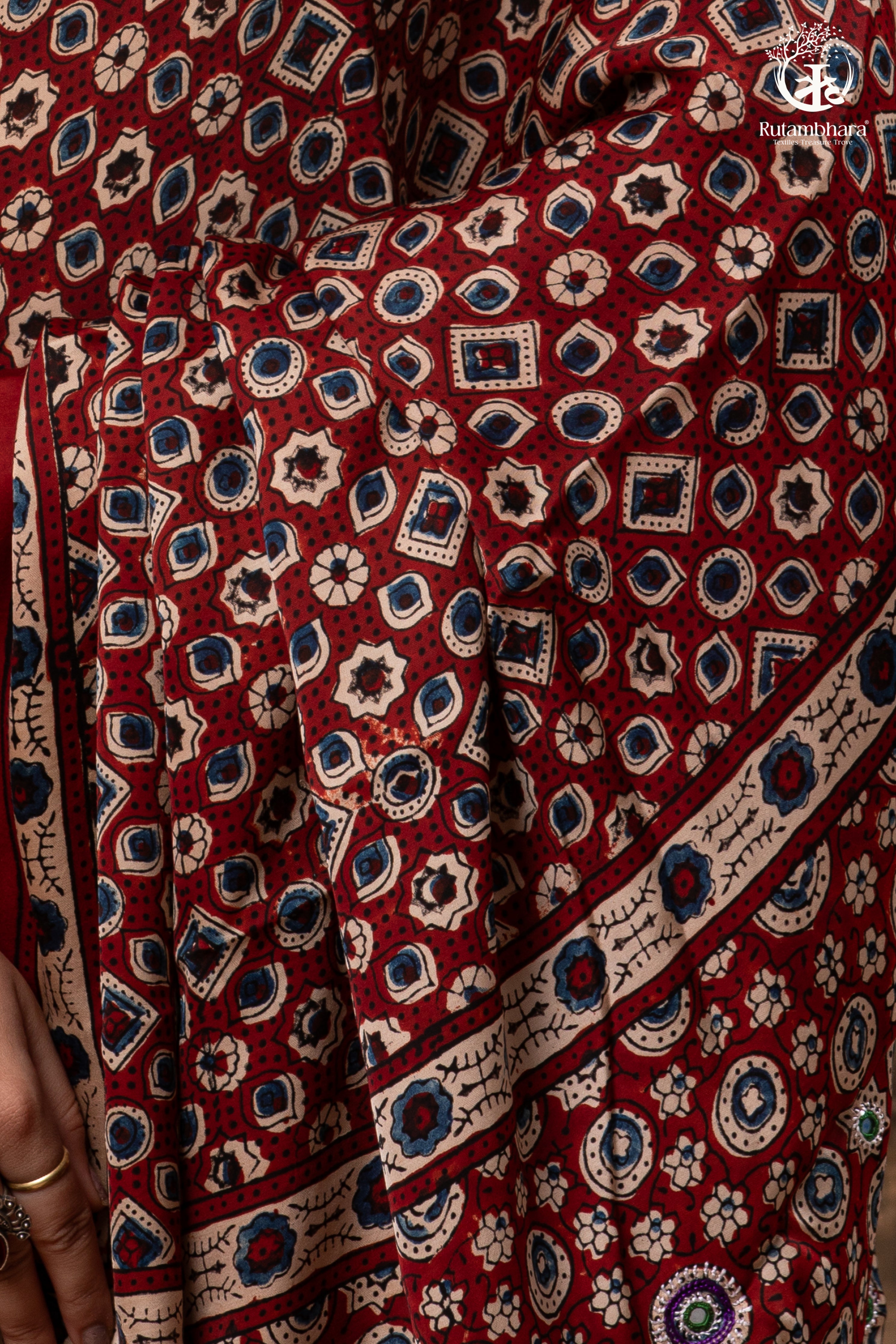 Ushraa - Deep Red Ajrakh Modal Silk Saree With Hand-Embroidered Pallu