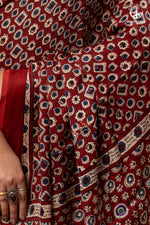 Ushraa - Deep Red Ajrakh Modal Silk Saree With Hand-Embroidered Pallu-RUTAMBHARA-RUTAMBHARA