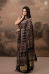 Ushraa - Ajrakh Hand Block Printed Black Modal Silk Saree With Gold Zari Border