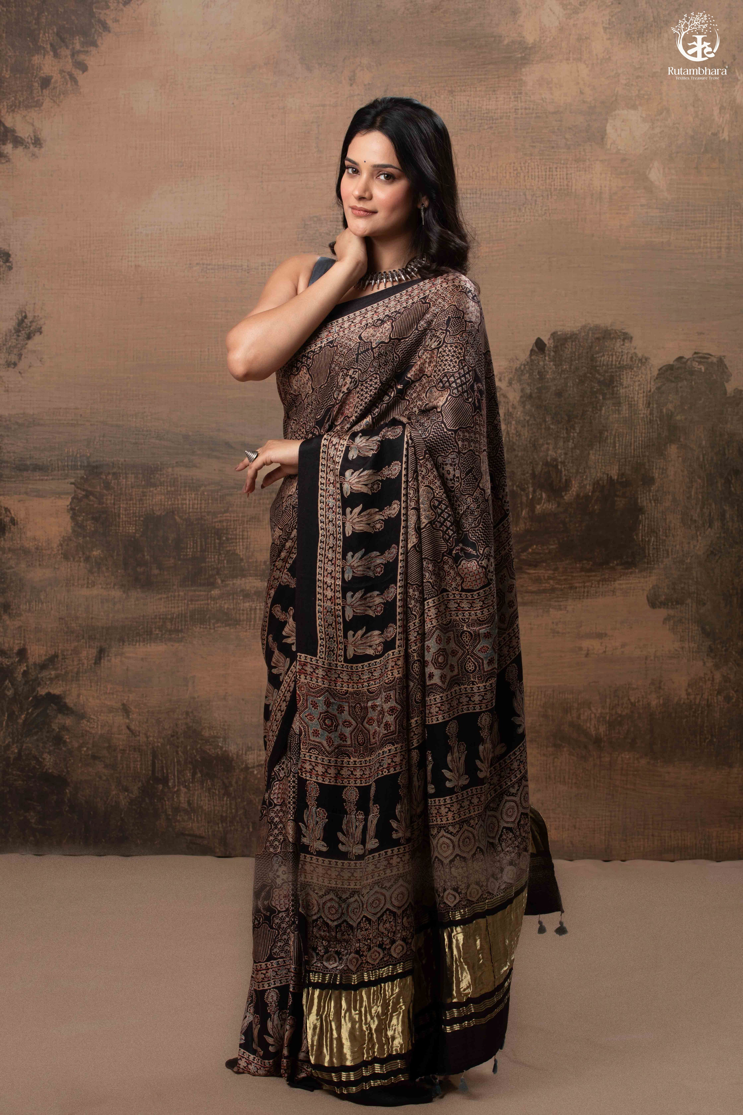 Ushraa - Ajrakh Hand Block Printed Black Modal Silk Saree With Gold Zari Border