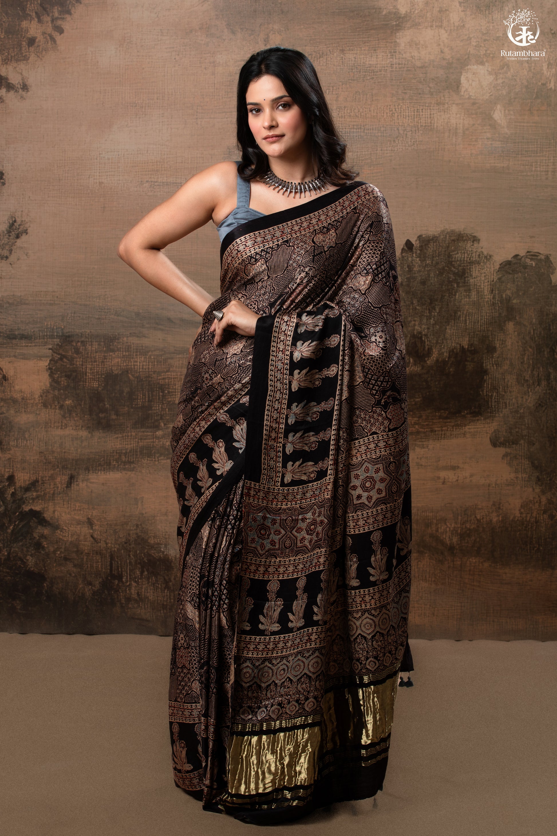 Ushraa - Ajrakh Hand Block Printed Black Modal Silk Saree With Gold Zari Border-RUTAMBHARA-RUTAMBHARA